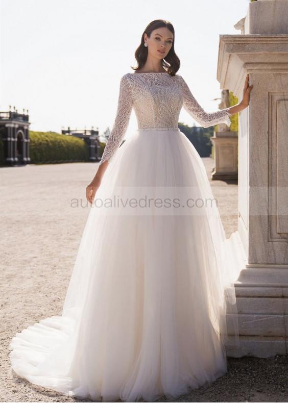 Sabrina Neck Long Sleeves Lace Tulle Wedding Dress